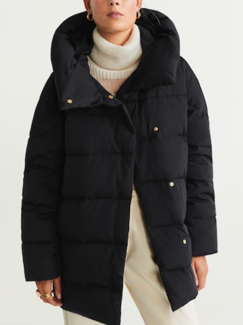 Cole Haan Black Quilted Hooded Puffer Coat Cocoon Snaps Down Feathers XL